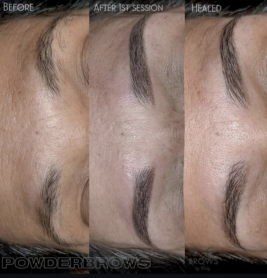 Powder brows before, after first session, and healed Royal Palm Beach FL